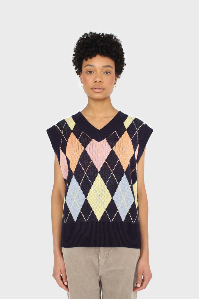 Navy and pastel multicoloured argyle sweater vest_5