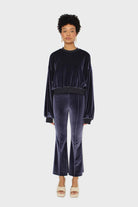 Navy smooth velvet balloon sleeve sweatshirt_3