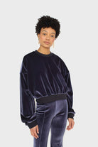Navy smooth velvet balloon sleeve sweatshirt_1