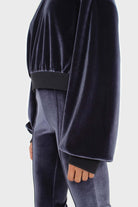 Navy smooth velvet balloon sleeve sweatshirt_2