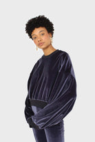 Navy smooth velvet balloon sleeve sweatshirt_7