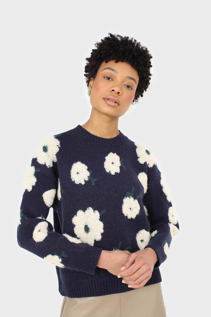 Navy and white floral crew neck jumper_6