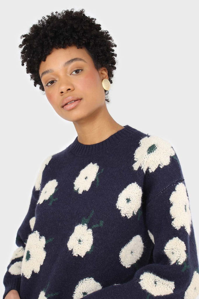 Navy and white floral crew neck jumper_7