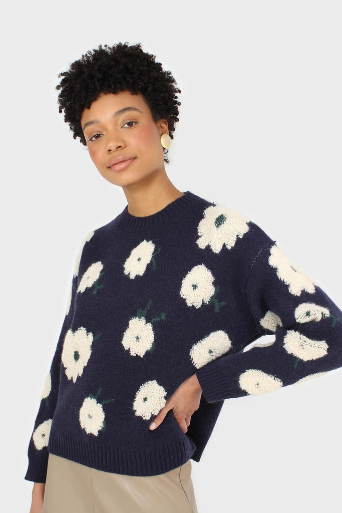 Navy and white floral crew neck jumper_1