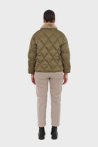Khaki faux fur collar diamond puffer jacket_4