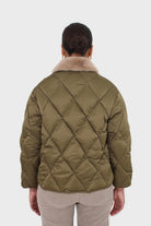 Khaki faux fur collar diamond puffer jacket_6