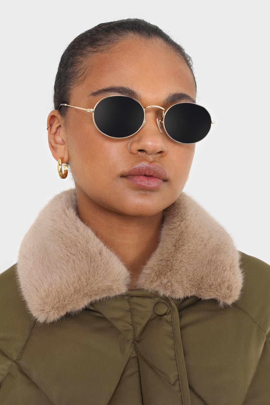 Khaki faux fur collar diamond puffer jacket_7