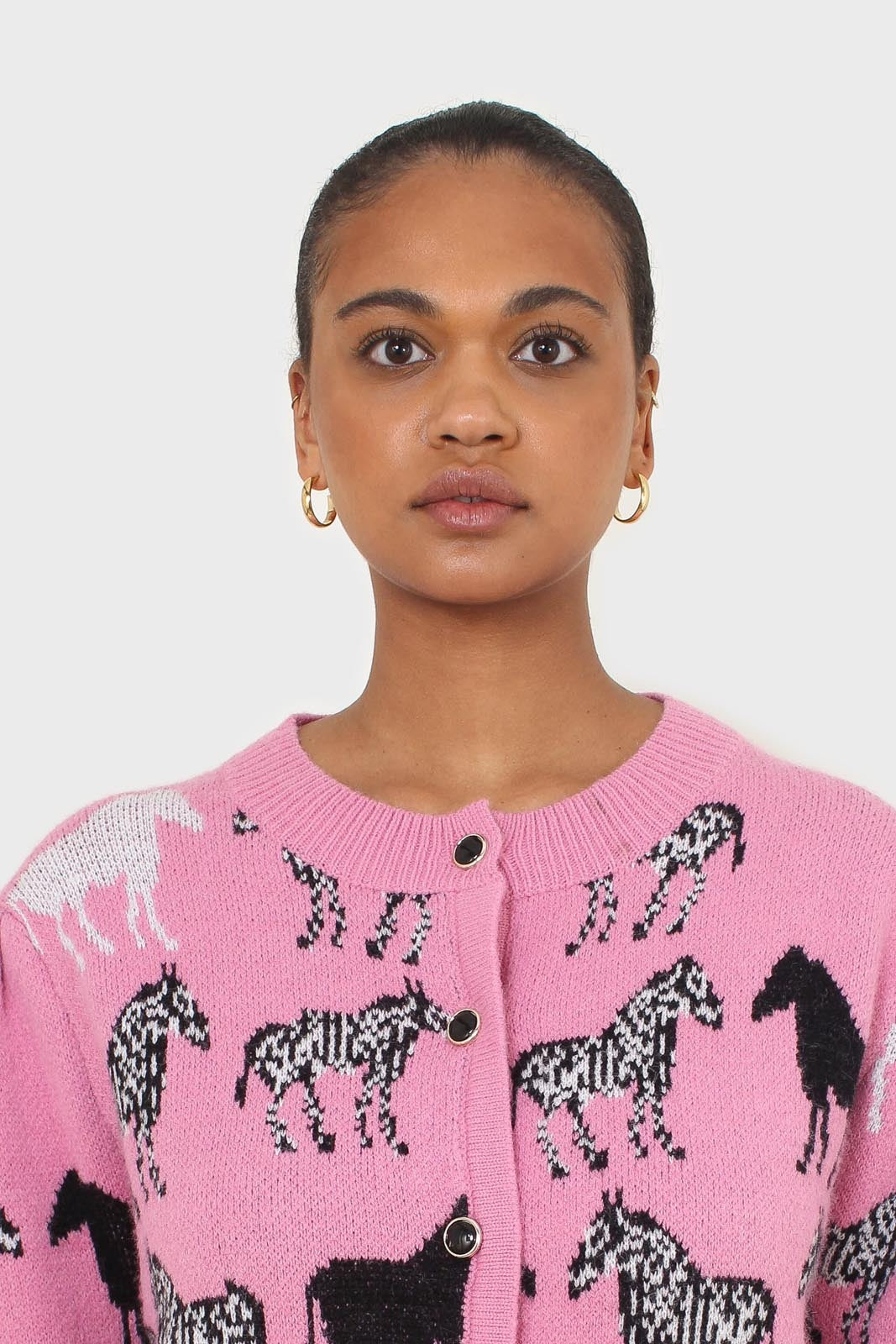 Pink zebra intarsia puff sleeved cardigan_8