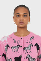 Pink zebra intarsia puff sleeved cardigan_8