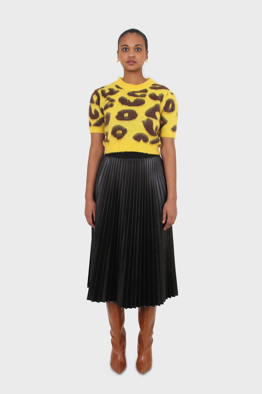 Yellow and brown brushed leopard knit tee_3