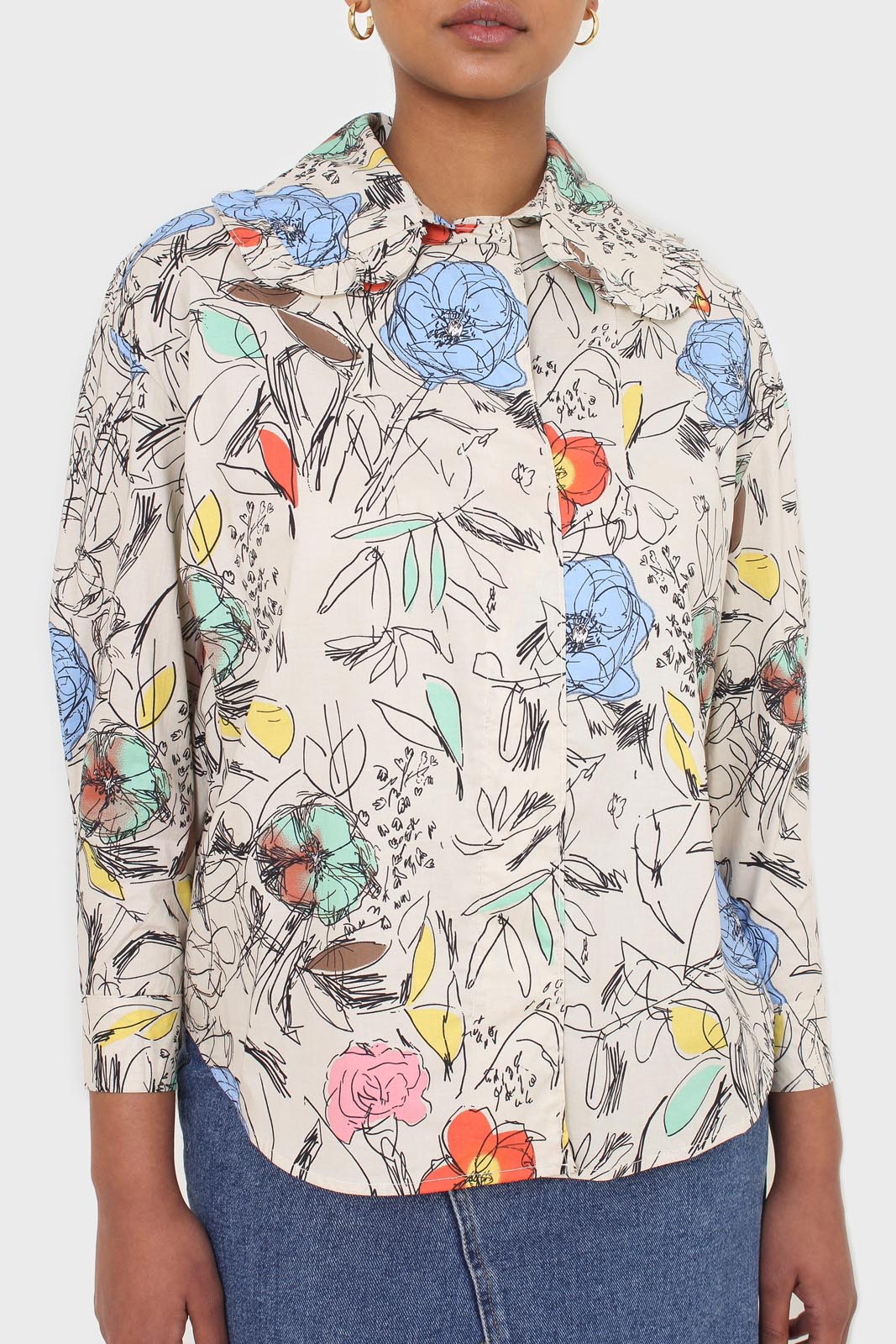 Ivory sketch print large collar blouse_8