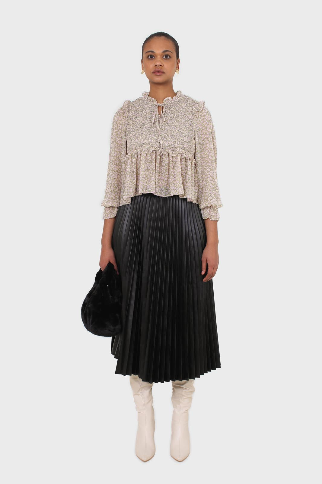 Green and lilac floral print smocked blouse_2