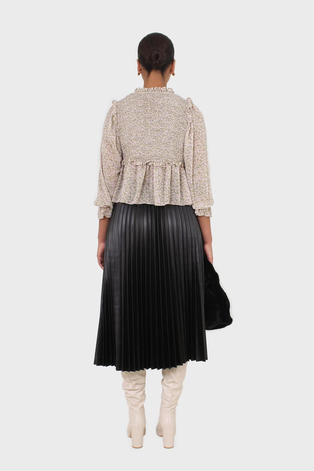 Green and lilac floral print smocked blouse_4