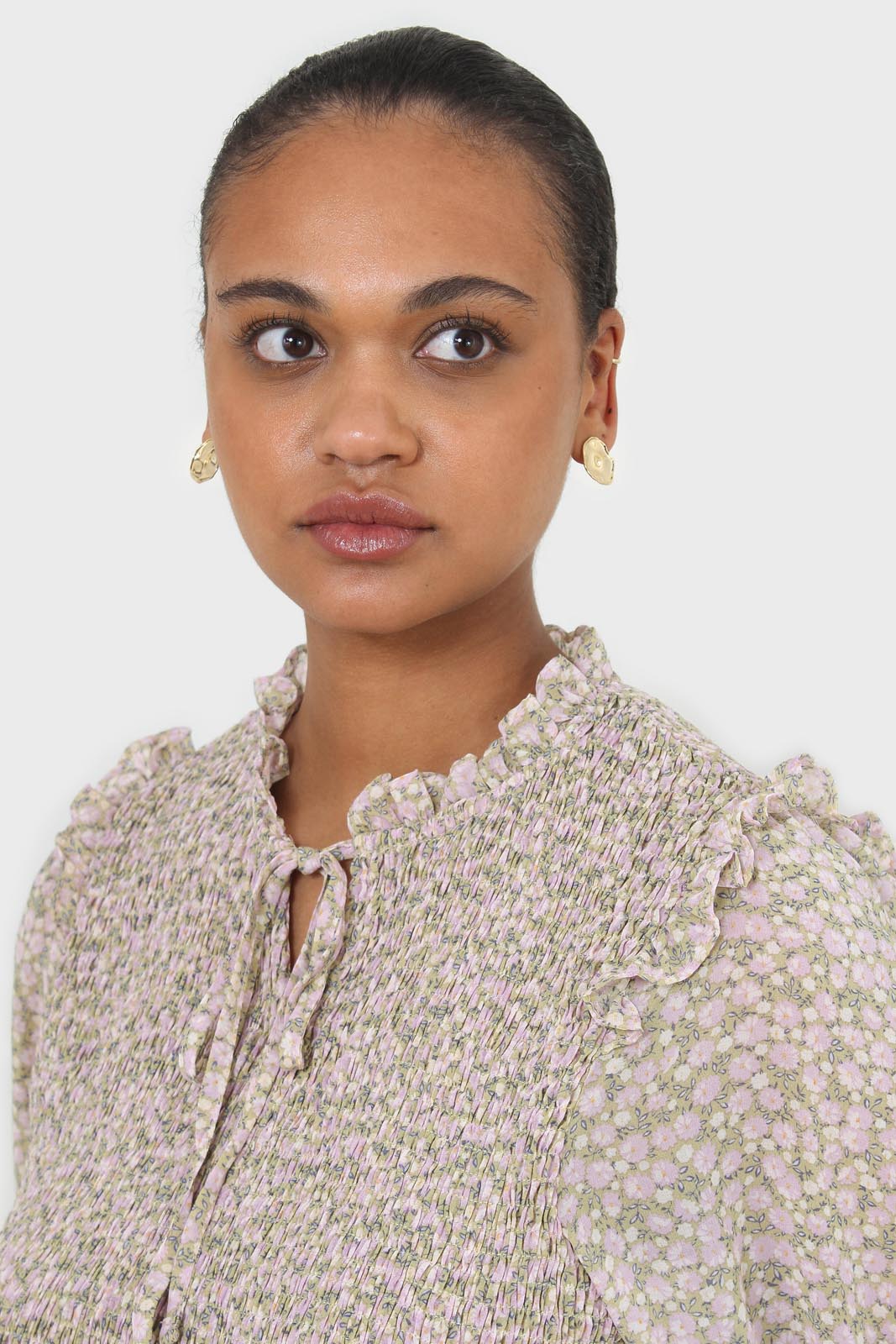 Green and lilac floral print smocked blouse_5