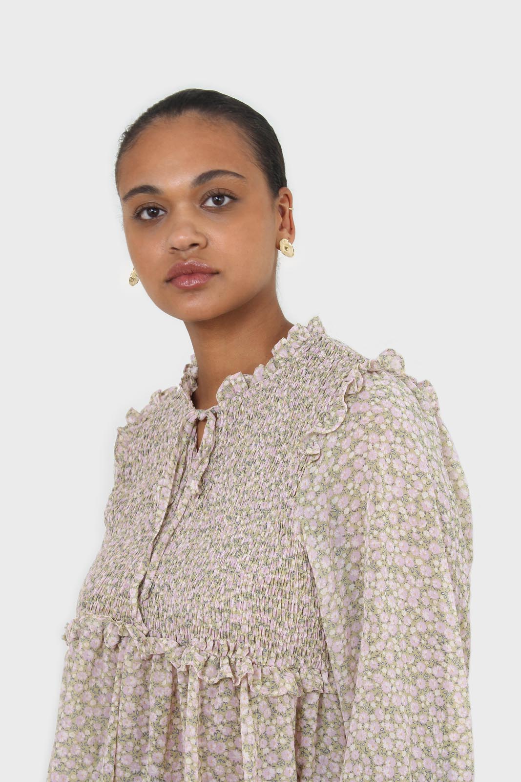 Green and lilac floral print smocked blouse_8