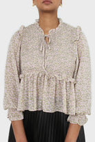 Green and lilac floral print smocked blouse_3