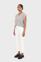 Blue and pink giant houndstooth sweater vest_4