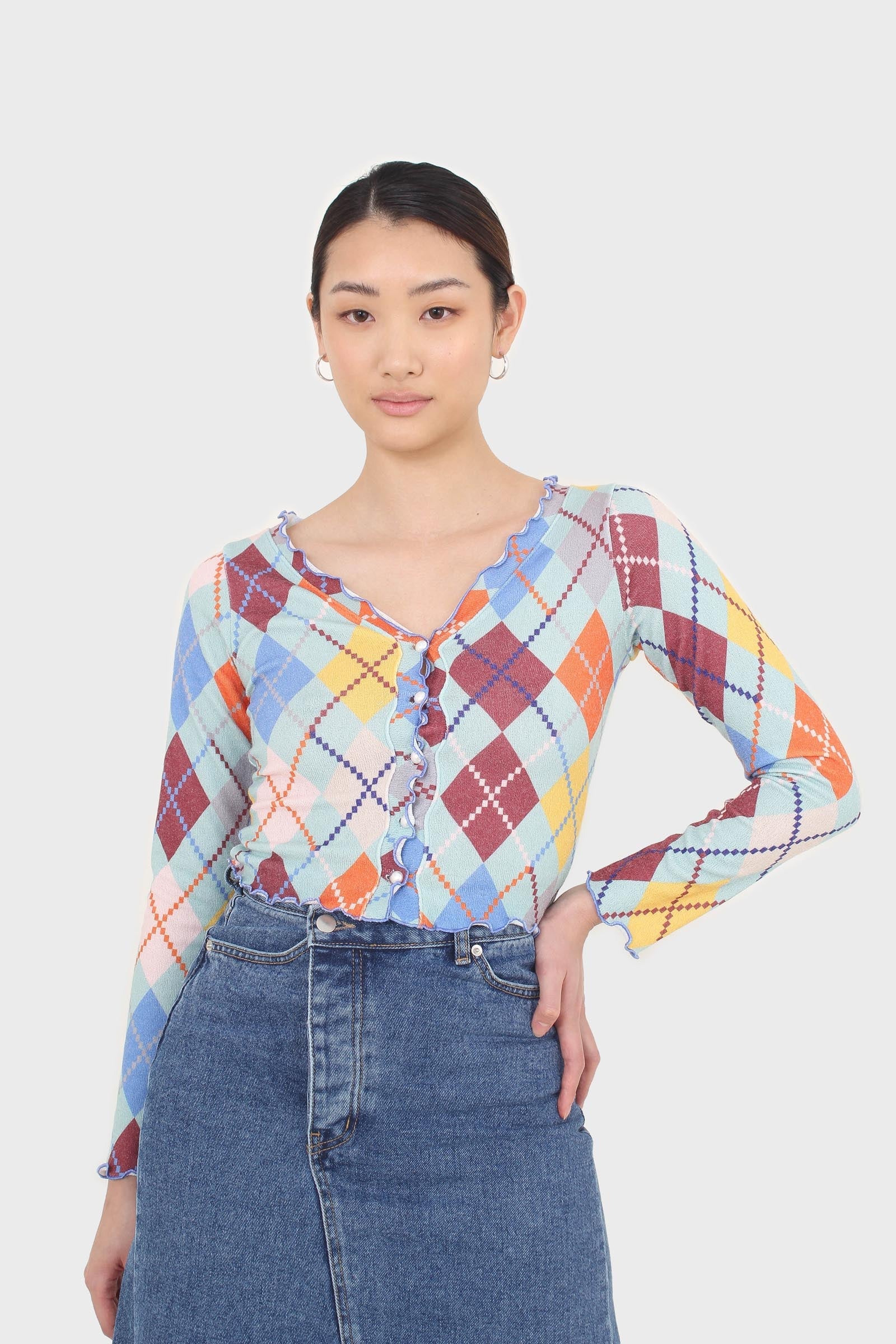 Mint multicoloured argyle button up top_5