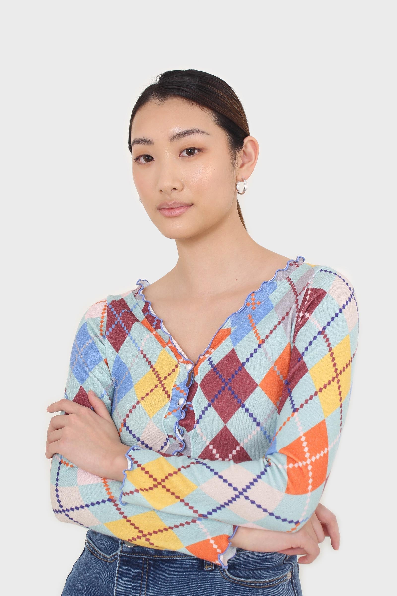 Mint multicoloured argyle button up top_1