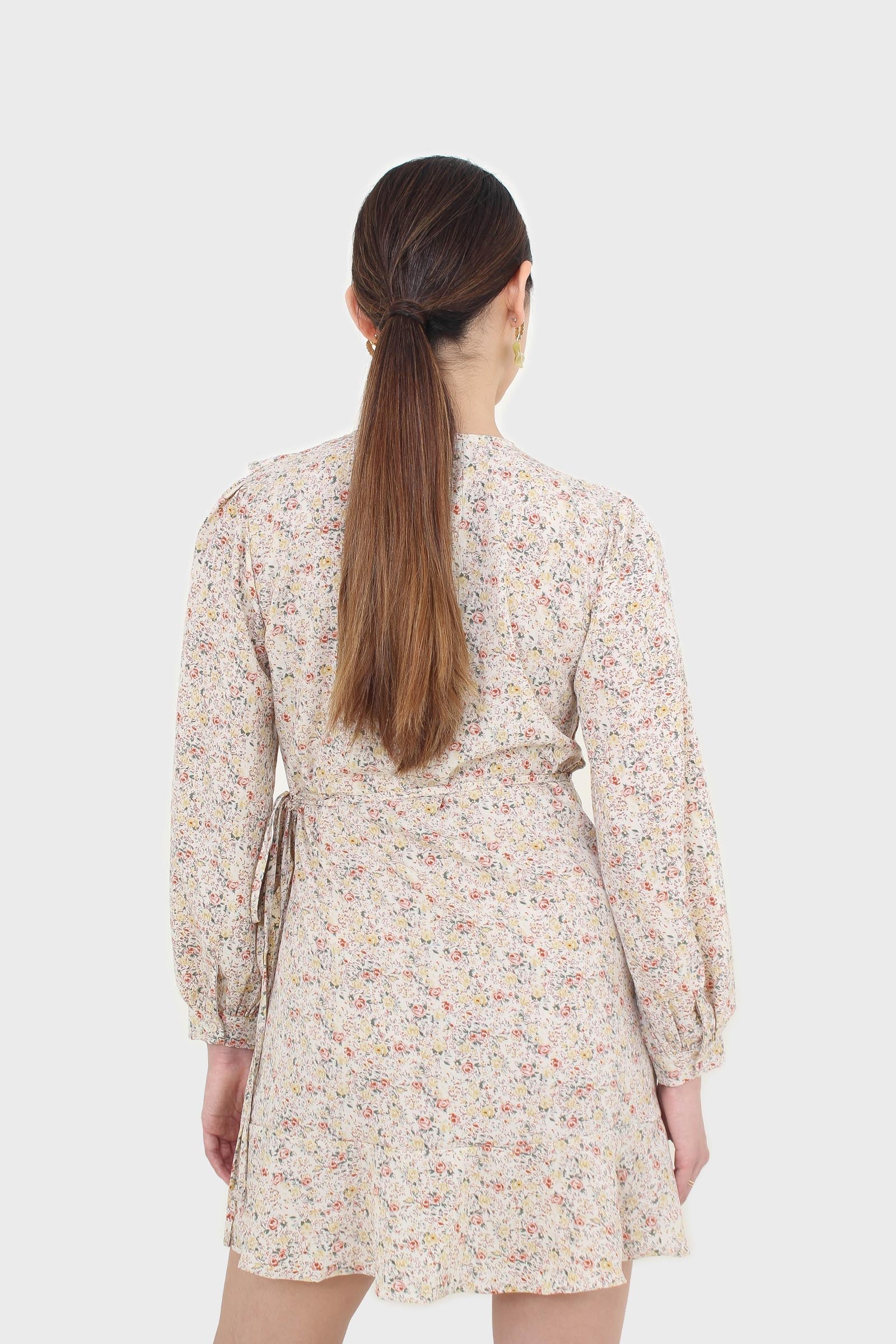 Ivory floral print ruffle trim wrap dress_3