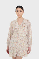 Ivory floral print ruffle trim wrap dress_2