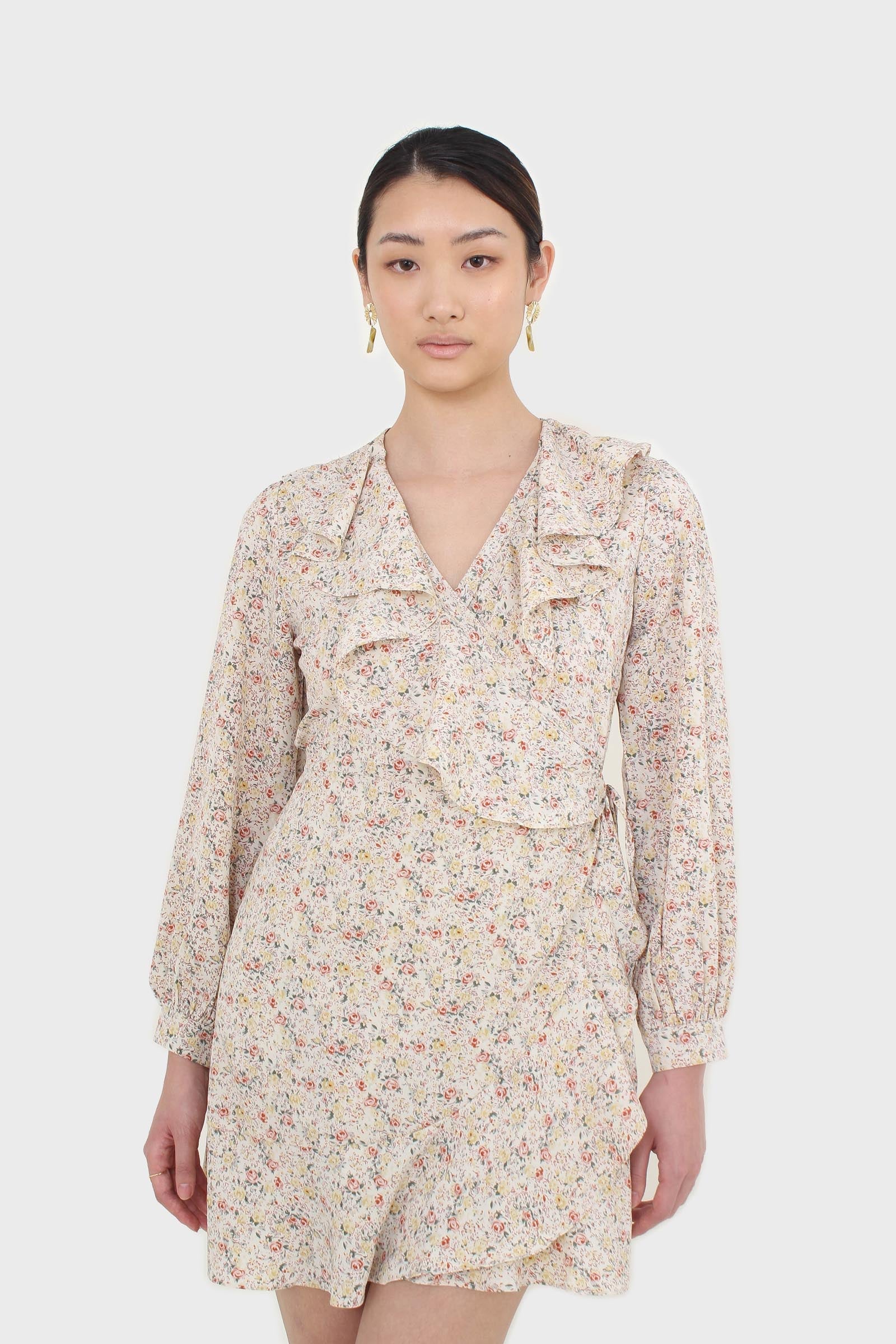 Ivory floral print ruffle trim wrap dress_2