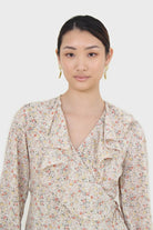 Ivory floral print ruffle trim wrap dress_7