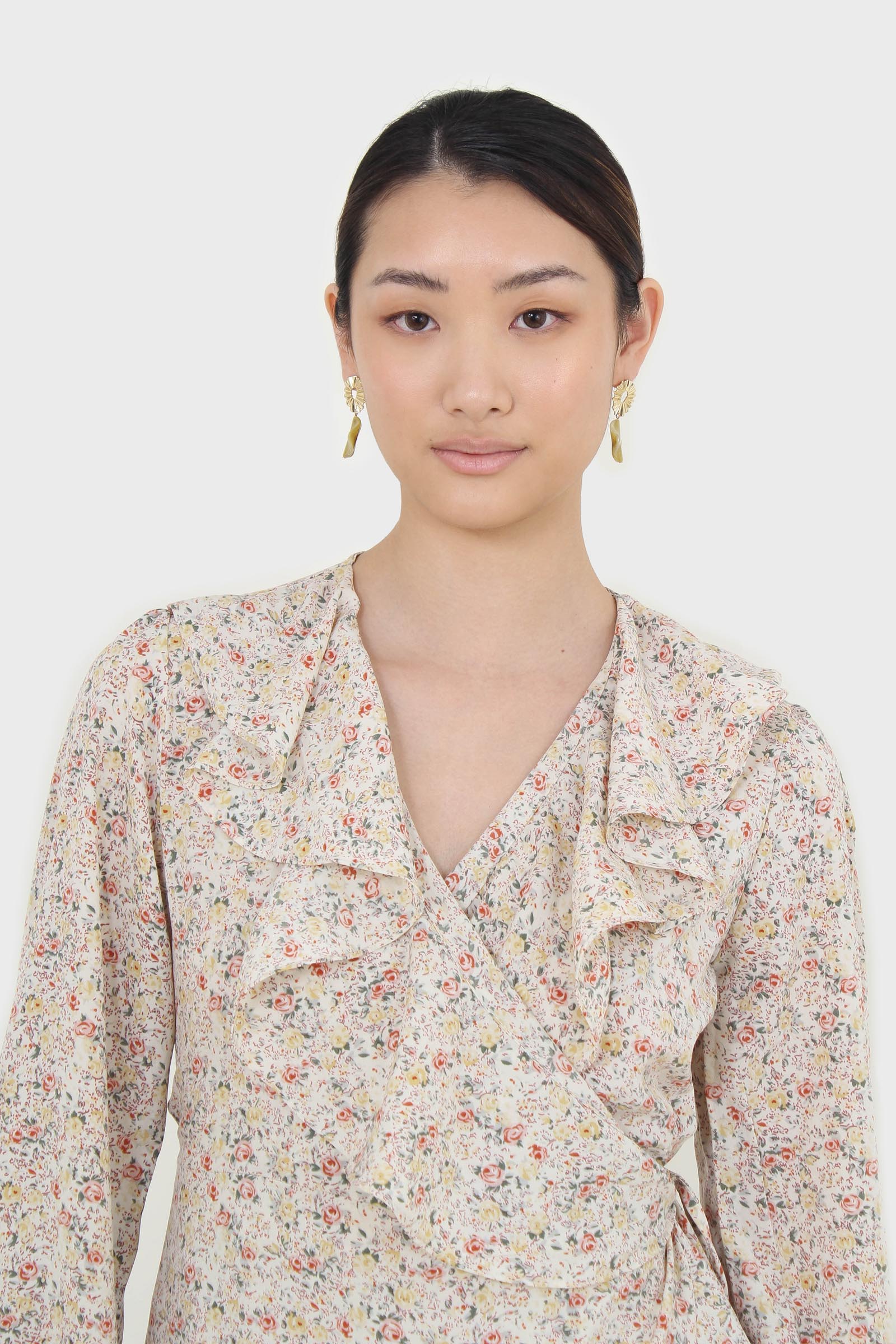 Ivory floral print ruffle trim wrap dress_7