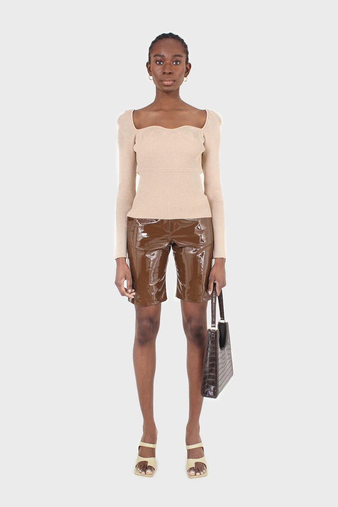 Brown glossy vegan leather shorts_2
