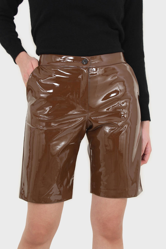 Brown glossy vegan leather shorts_1