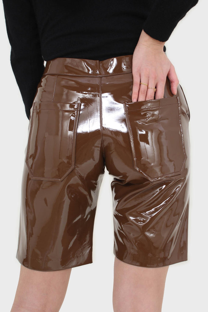 Brown glossy vegan leather shorts_4