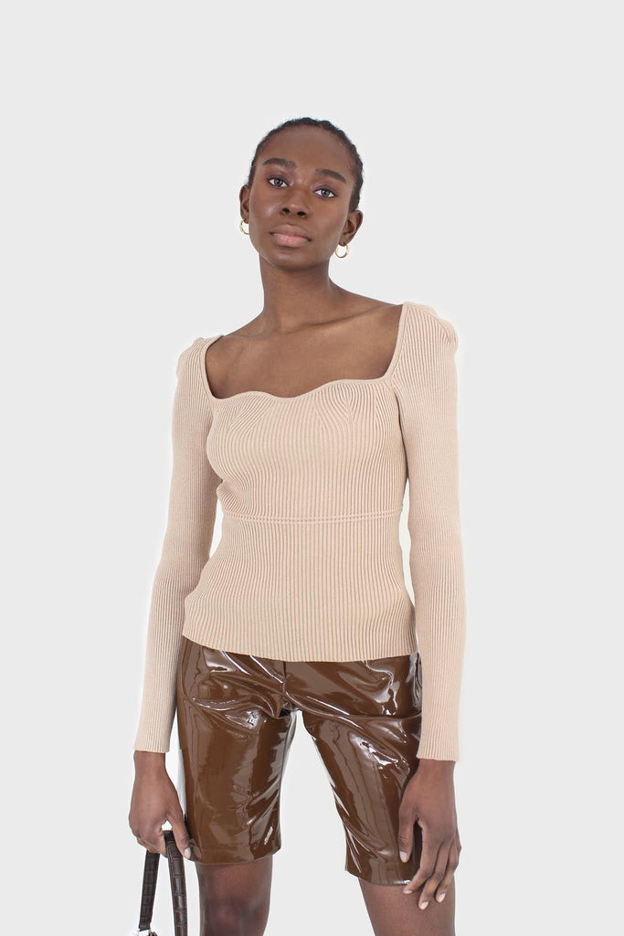 Brown glossy vegan leather shorts_3