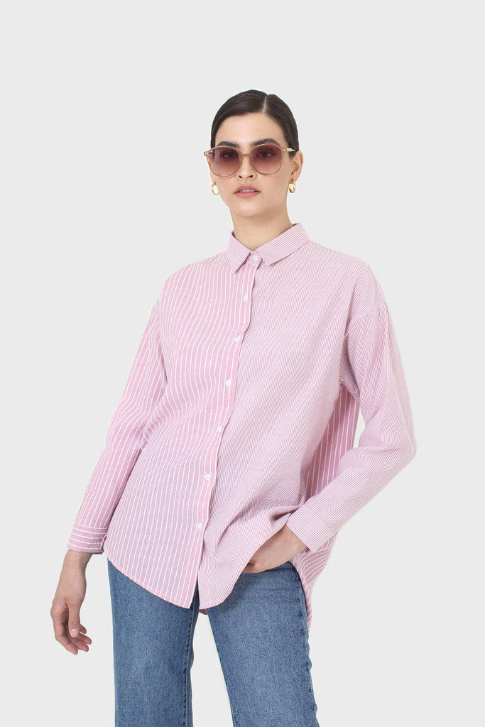 Pink and white multistripe loose fit shirt_7
