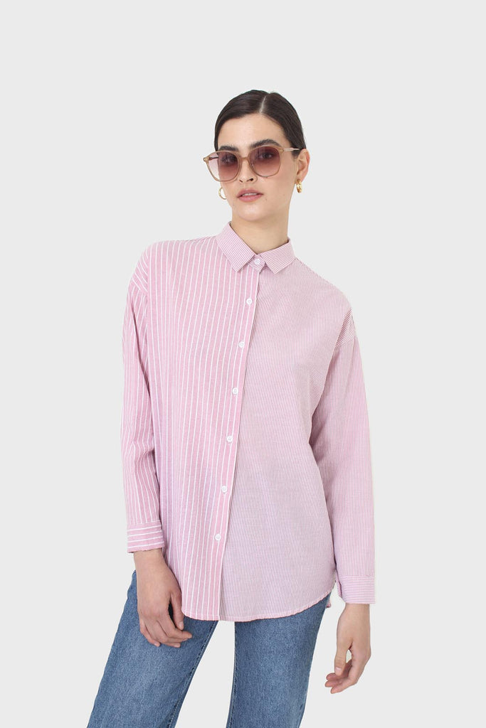 Pink and white multistripe loose fit shirt_1