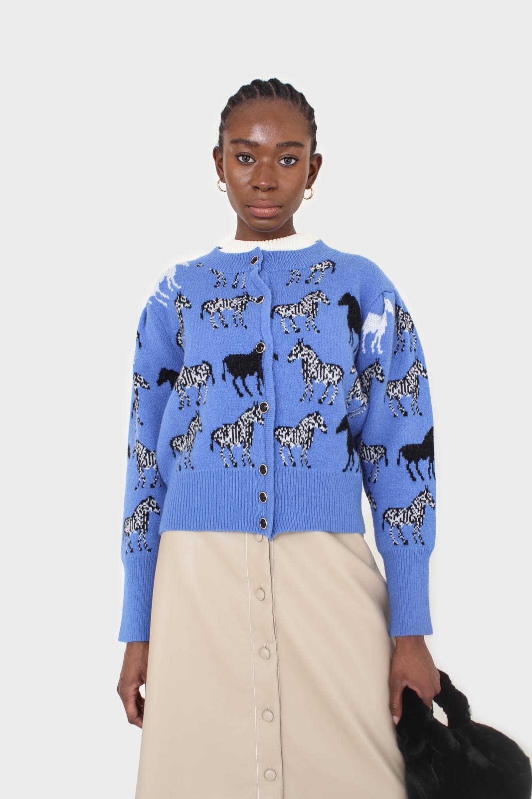 Blue zebra metal button puff sleeved cardigan_9