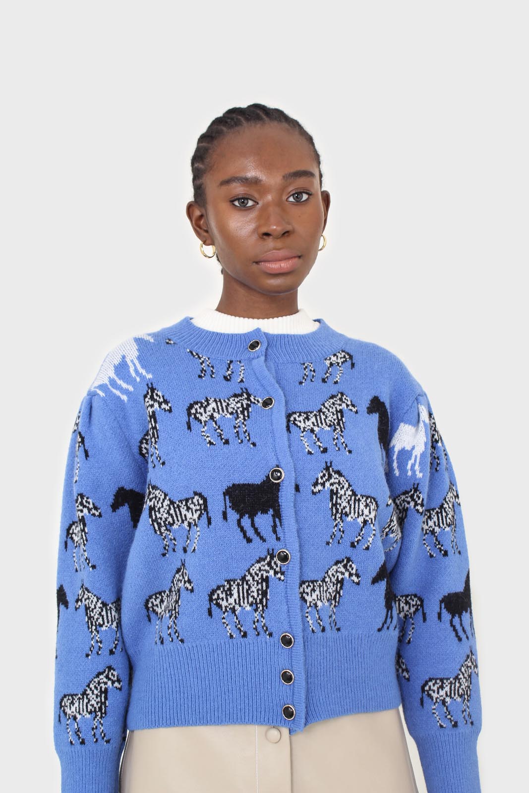 Blue zebra metal button puff sleeved cardigan_1