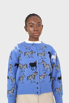 Blue zebra metal button puff sleeved cardigan_1