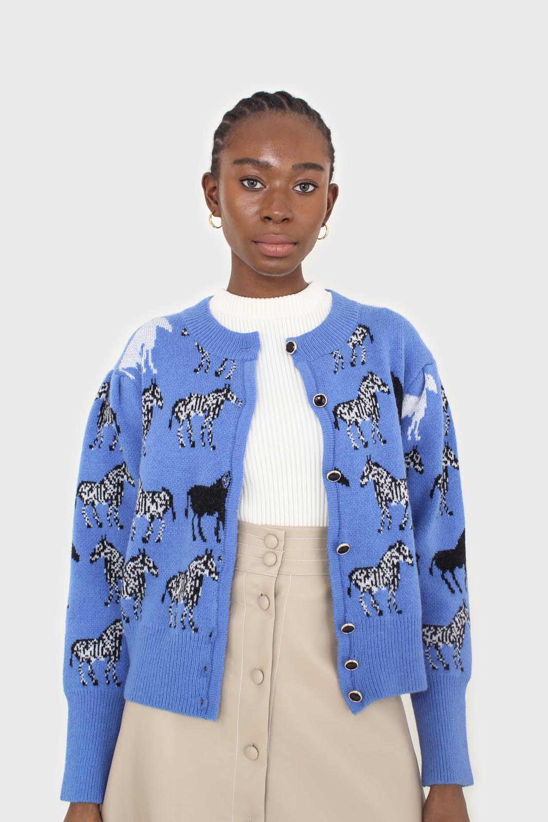 Blue zebra metal button puff sleeved cardigan_6