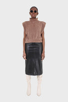 Brown fuzzy structured shoulder pad vest top_3