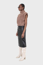 Brown fuzzy structured shoulder pad vest top_4