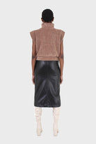 Brown fuzzy structured shoulder pad vest top_5