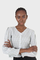 Pale blue tiny floral smocked blouse_5