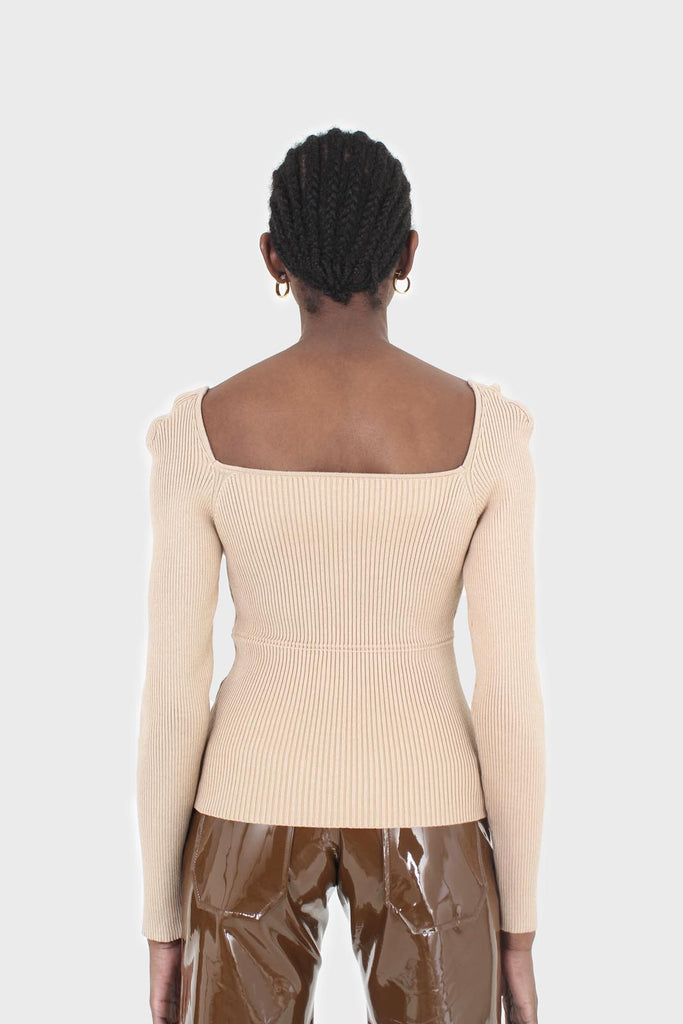 Beige wave neck bodice fitted knit top_6
