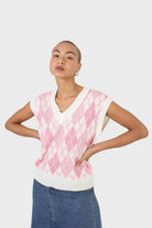 Ivory and pink argyle knit vest_3