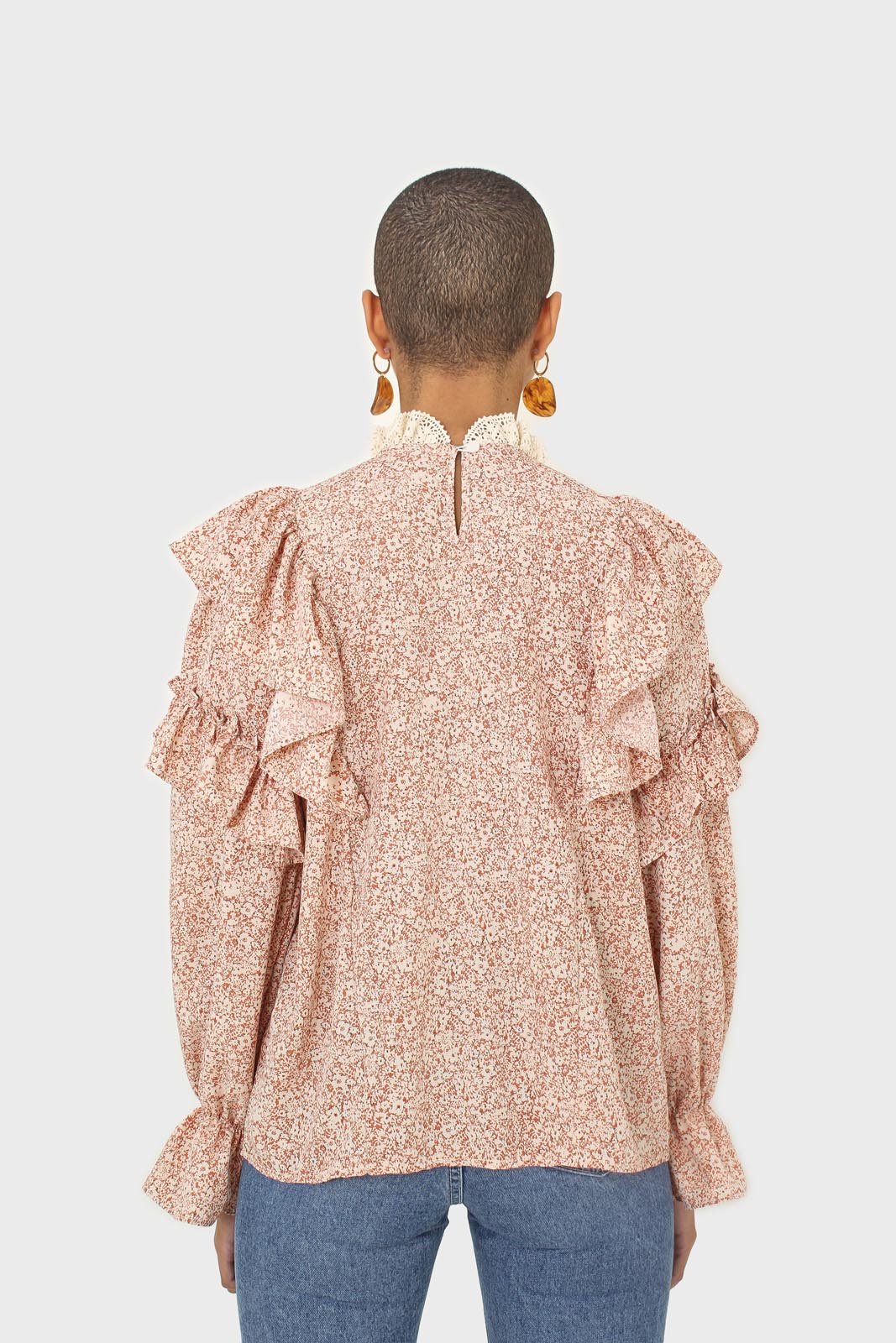 Orange and white floral print lace trim top_2