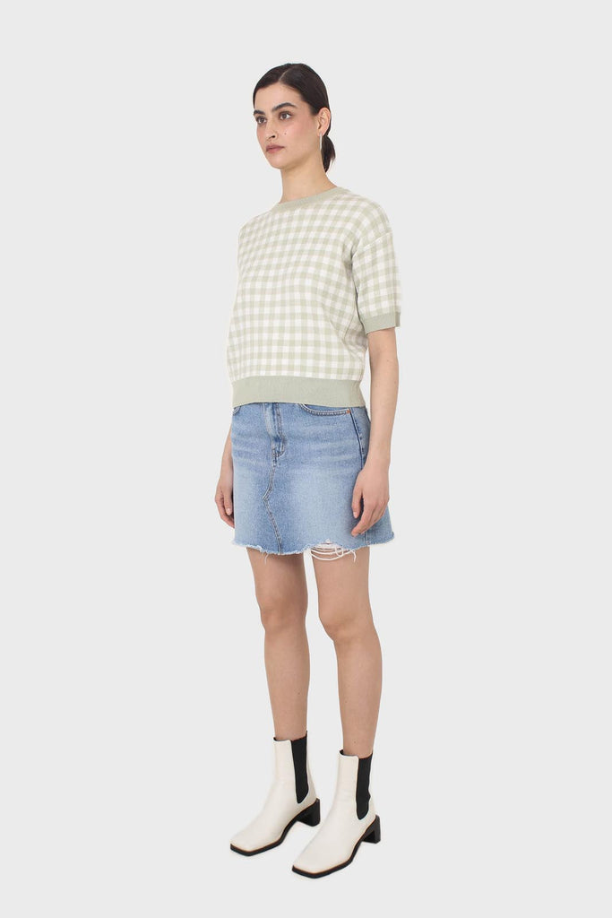 Green and ivory gingham check knit top_4