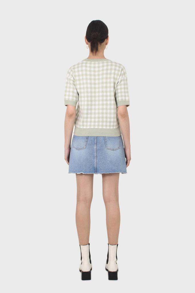 Green and ivory gingham check knit top_5