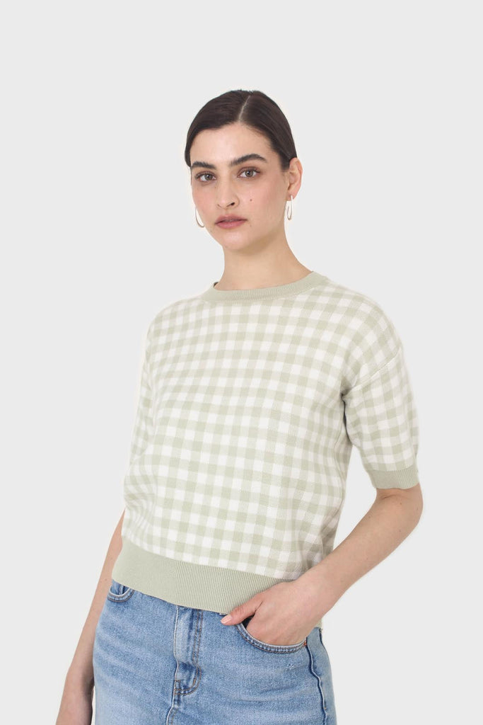 Green and ivory gingham check knit top_6