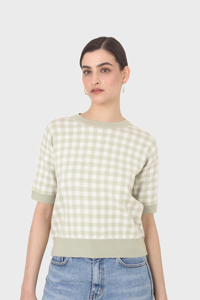 Green and ivory gingham check knit top_1