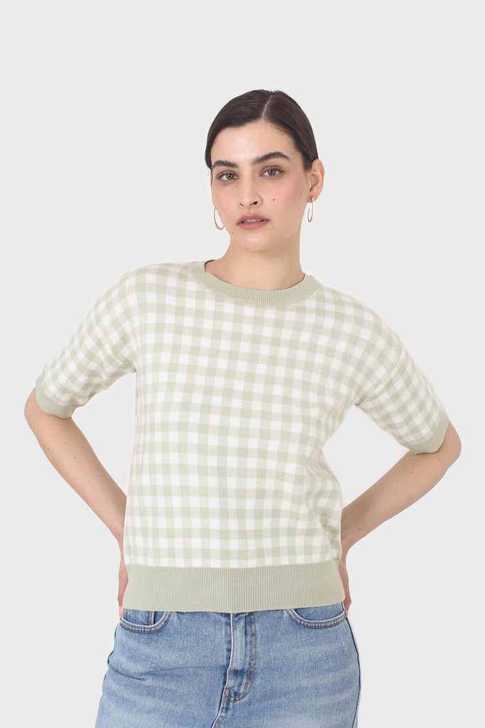 Green and ivory gingham check knit top_7